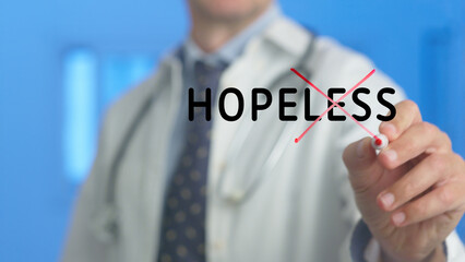 Doctor crossing out the word hopeless on a virtual screen, representing hope and positive change in...