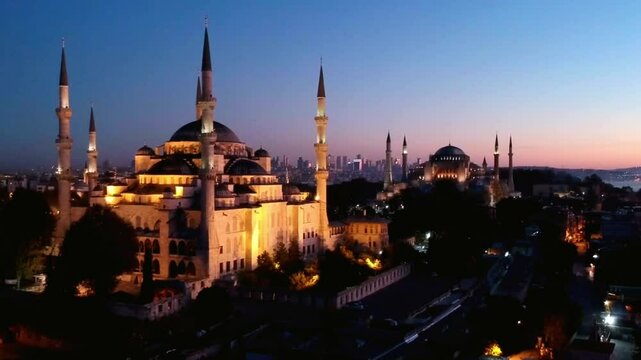 Illuminated Sultan Ahmed Mosque at Dusk, Istanbul Skyline