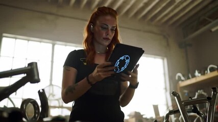 Craftswoman Designing a Custom Bicycle Frame with a Digital Tablet in Loft - Powered by Adobe