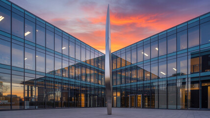 Obraz premium Modern architectural design of a glass building with a striking sculpture at sunset