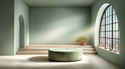 Olive green geometric platform sits in minimalist cream room with arched window, soft natural light, and potted plant, evoking calm and modern elegance