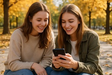 Fototapeta premium Two young women looking at smartphone and smiling while sitting together in sunny autumn park. Concept of friendship, digital communication, outdoor leisure, modern lifestyle