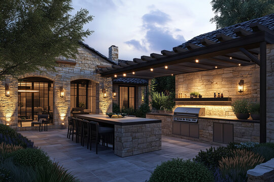A stylish and modern outdoor summer kitchen in a stone house courtyard, matching the main house architecture, with wooden beams, a built-in barbecue