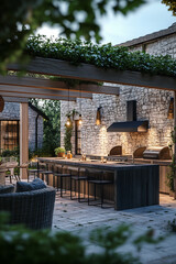 A stylish and modern outdoor summer kitchen in a stone house courtyard, matching the main house architecture, with wooden beams, a built-in barbecue