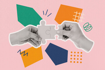 hands of diverse individuals connecting puzzle pieces together against a colorful abstract background, symbolizing teamwork and collaboration in problem-solving