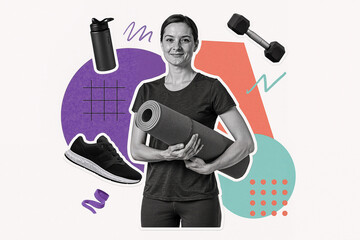 young woman holding yoga mat with fitness equipment and colorful shapes promoting healthy lifestyle and wellness activities