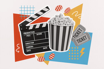 film production concept with clapperboard, popcorn, and tickets on colorful background for cinema-themed events and promotions