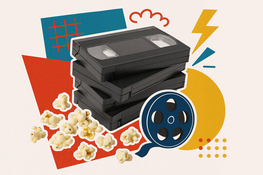 stack of vintage vhs tapes with popcorn and film reel on bright geometric background evoking nostalgia and creativity in retro cinema experience