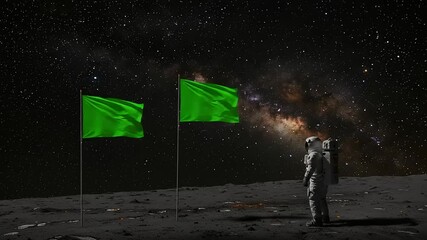 Astronaut on the moon with green flags in space