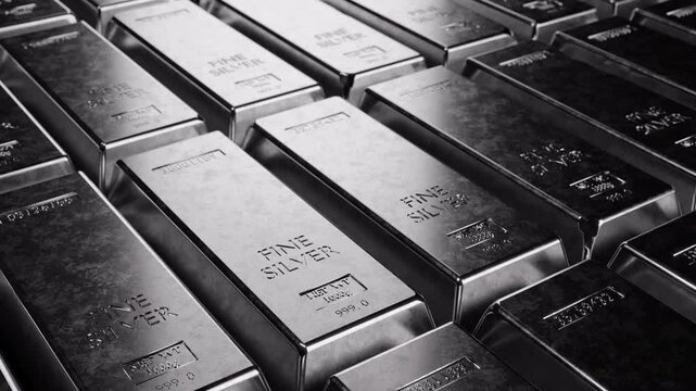 Stacked silver bullion bars with 999 purity. Ideal for financial, banking, investment, savings, and precious metals themes. Perfect for economic and wealth-related content or videos. Looped video