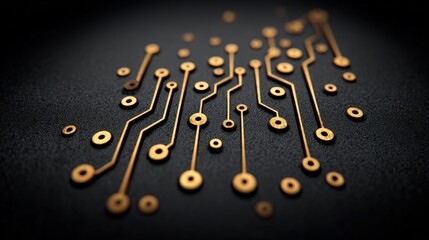 Gold circuit pattern on matte black surface, macro detail showing engraved electronic lines and round connectors, modern technology, abstract, elegant, futuristic, innovation