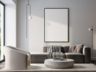 Frame mockup, ISO A paper size. Living room wall poster mockup. Interior mockup with house background. Modern interior design. 3D render
