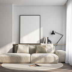 Frame mockup, ISO A paper size. Living room wall poster mockup. Interior mockup with house background. Modern interior design. 3D render
