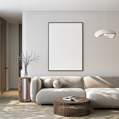 Frame mockup, ISO A paper size. Living room wall poster mockup. Interior mockup with house background. Modern interior design. 3D render
