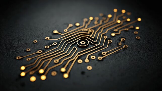 Gold circuit pattern macro detail engraved on matte black surface futuristic technology abstract design modern elegant high tech creative innovation