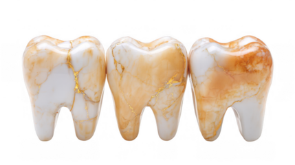 Three molars showing different stages of enamel decay, from healthy white to severely damaged brown, isolated on a transparent background, representing the importance of dental hygiene