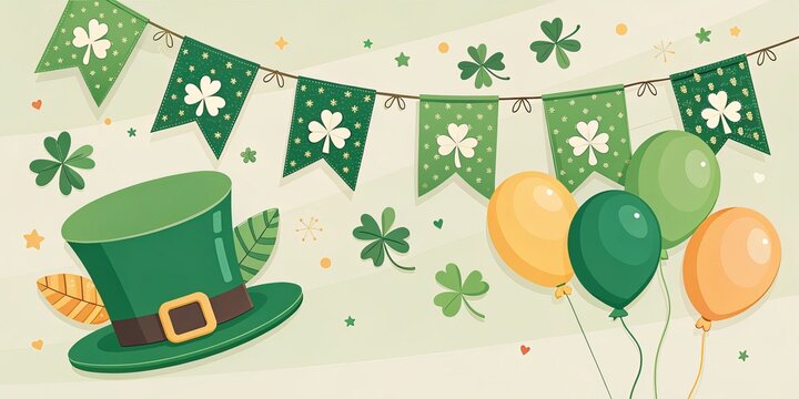 St Patrick's Day Hat, Balloons and Shamrock Banner Decoration, Holiday, Celebration