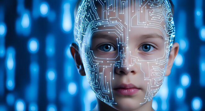 Child's face with circuit board overlay against a blurred blue background with bokeh effects present