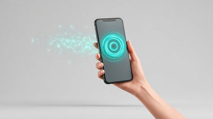 Hand holding smartphone with glowing digital contactless payment symbol, modern technology concept, isolated on gray background, futuristic and innovative mood