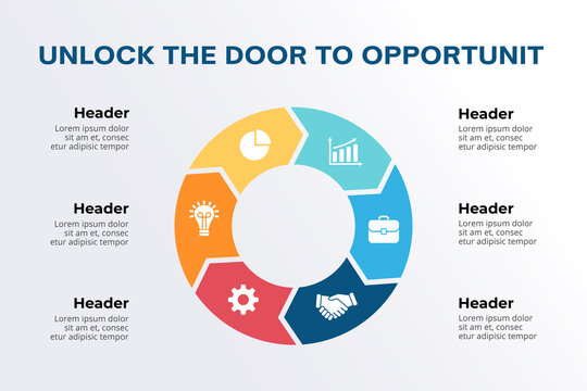 Circular and arrows Business Infographic with 6 Step Workflow and Flat Icons