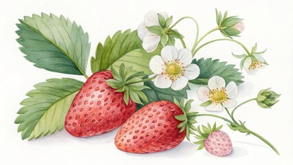 Strawberry Watercolor Painting with Flowers and Leaves ,Botanical ,Artwork