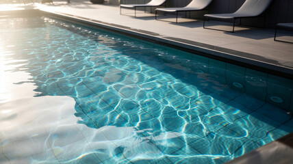 Obraz premium Relaxing by the sparkling pool with sun lounges in a tranquil setting during a bright afternoon