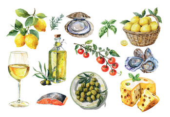 Big set of mediterranean and italian food png. Lemons, seafood, fish, oysters, glass of wine, tomatoes and olives. Italian products. Elements for restaurant menu. Vector illustration.