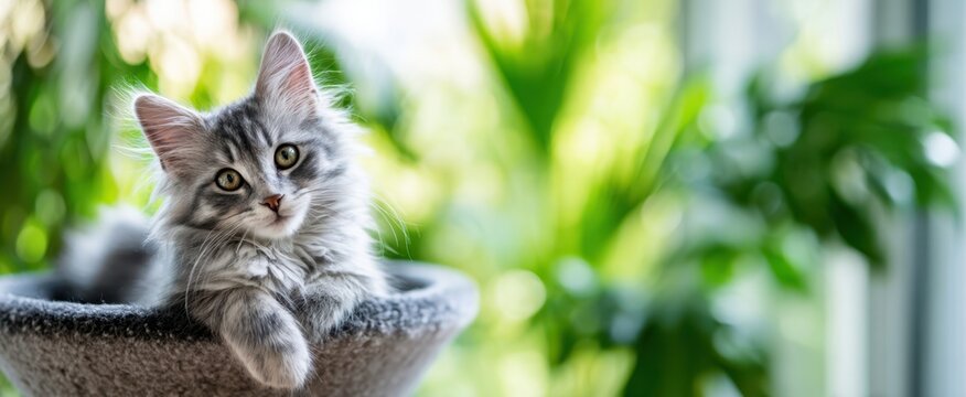 The adorable gray cat relaxing in a cozy indoor garden scene. - Powered by Adobe