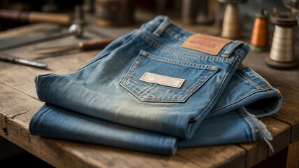 Crafted denim jeans are neatly folded on a wooden table in a textile workshop during the afternoon light