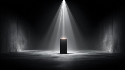 Matte black pedestal stands under dramatic narrow spotlight in dark empty room, creating mysterious and elegant atmosphere with strong contrast and minimalistic style