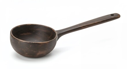 Dark brown ladle against white background