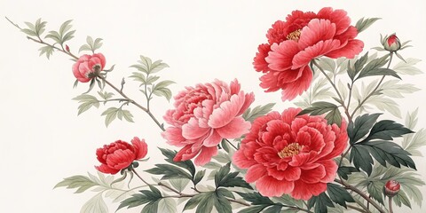 Vintage Red Peony Floral Art with Branches, Botanical , Illustration