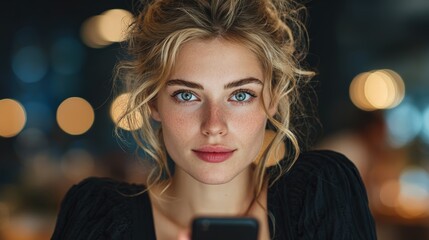 Young woman blue eyes blonde hair holding smartphone digital banking casual clothing evening bokeh background confident focused