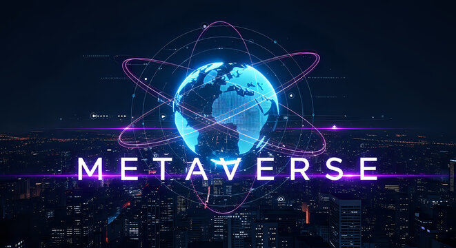 A glowing earth with orbits over a city skyline and the word metaverse in bright white letters