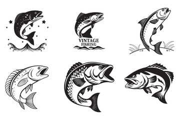 Fototapeta premium Set of Black and White Fish Silhouettes