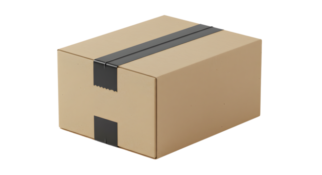 Brown Cardboard Box with Black Tape on Transparent Background