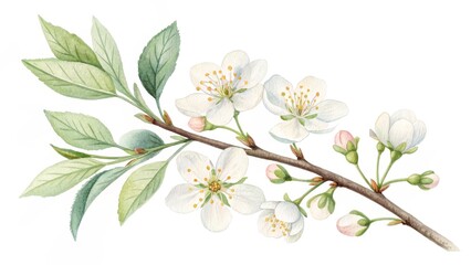 Fototapeta premium Watercolor Blossom Branch Spring Flowers and Buds Illustration, floral , botanical