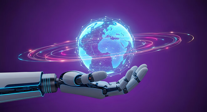 Robotic arm holding a glowing earth with digital connections on a purple gradient background scene - Powered by Adobe