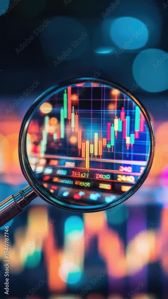Poster businessman analyzing financial data on a stock chart with a magnifying glass