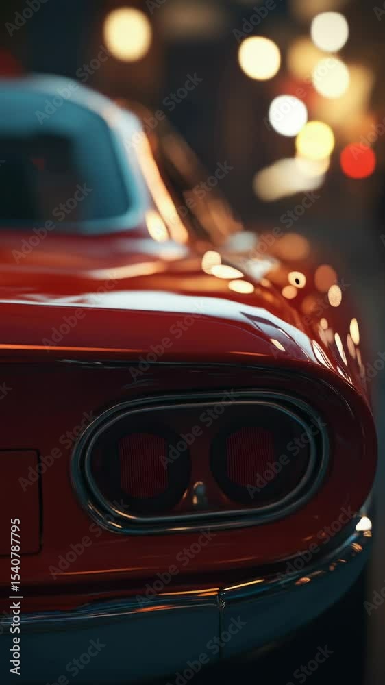 Poster a close-up shot of the red car's tail lights, ideal for use in automotive or transportation-related 