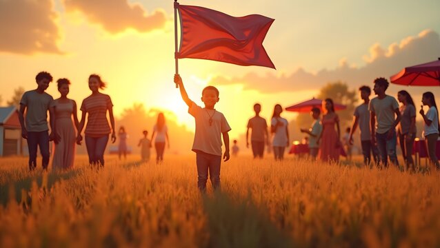 Sunset Celebration in Open Field with Friends and Juneteenth Flag