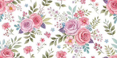 Watercolor Floral Pattern Pink Roses and Green Leaves on White, seamless , flower pattern