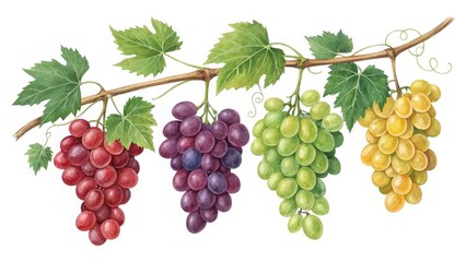 Watercolor Grapes on Vine Red, Purple, Green, Yellow, Fruits, Watercolor , Food Art