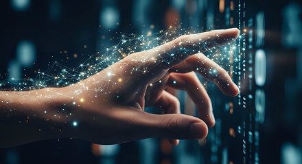 A hand interacting with digital interface with glowing particles and binary code visualization