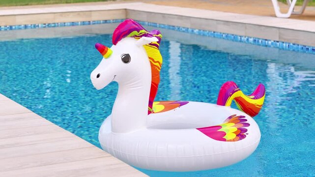 A whimsical inflatable unicorn float rests in a sun-drenched swimming pool, evoking a sense of playful summer joy and relaxation.