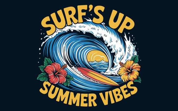 A retro-style surfing logo design with a dark teal background. The center features a large blue and white breaking wave with white foam and spray. Inside the wave's hollow is a golden sunset. A red an
