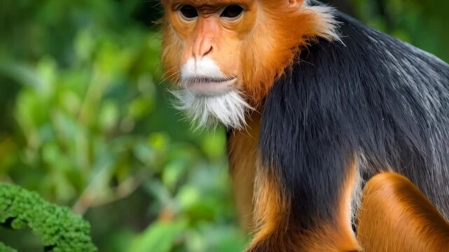 Portrait of a douc langur monkey with orange fur, gray body, and white beard surrounded by green foliage in its natural habitat.