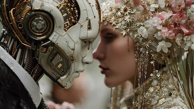 A cyborg handsome man get married with beautiful cyborg woman , futuristic 4K video.