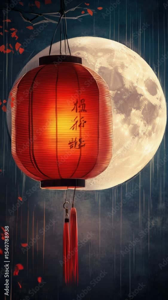 Poster a red lantern hangs from a tree branch under a full moon night