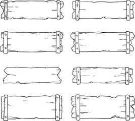 Hand-drawn wooden planks and hanging signs, perfect for adding a rustic or vintage touch to your designs. Ideal for labels, badges, frames, or customizable spaces for text in various shapes.